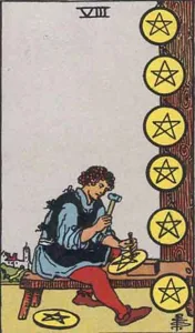 Eight of Pentacles, classic RWS illustration