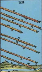 Eight of Wands, classic RWS illustration