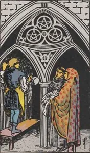 Three of Pentacles, classic RWS illustration