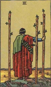 Three of Wands, classic RWS illustration