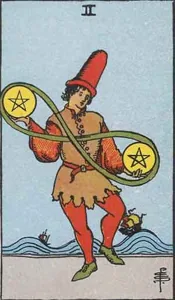 Two of Pentacles, classic RWS illustration